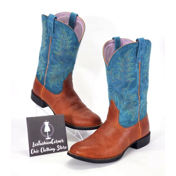 Ariat Women's Blue and Brown Leather Cowgirl Embroidered Wester Boots Sz 7B 1552 - Picture 1 of 15